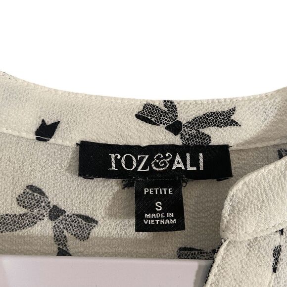 Roz & Ali Womens Top Small Ivory Black Bow Print Blouse - Picture 3 of 3